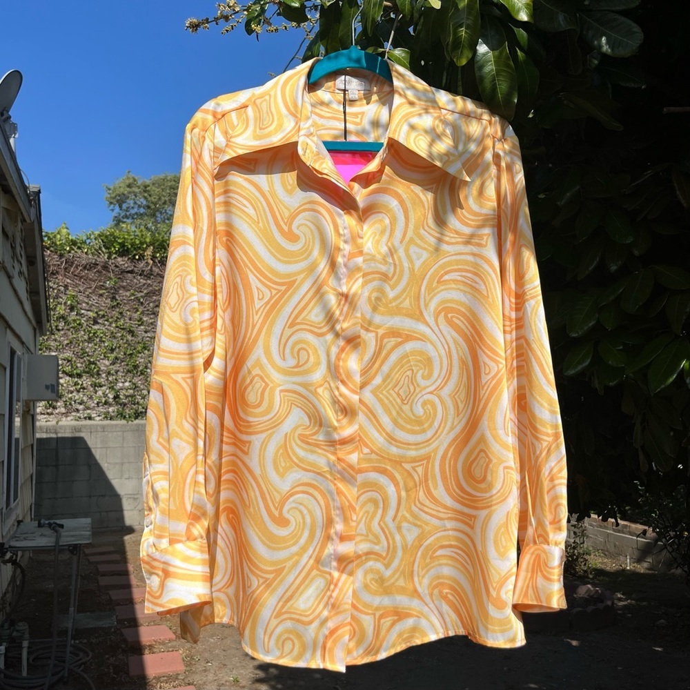 NWT RONNY KOBO white yellow swirl abstract print long sleeve button up shirt